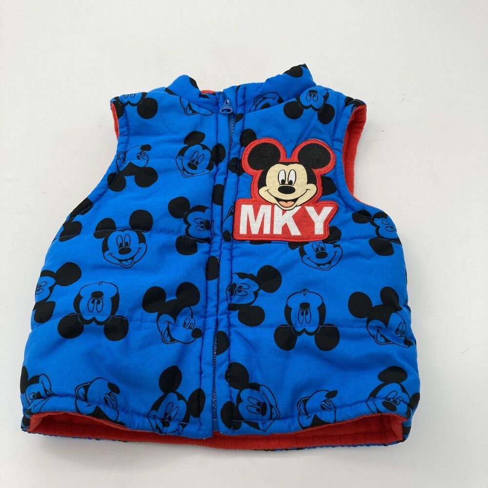 Disney Kids Puffer Vest Size 12M Blue Black Mickey Mouse All Over Print Full Zip